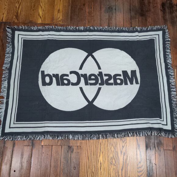 MasterCard Tapestry Blanket White Black Size 42x62 Vintage Big Logo - Picture 7 of 8